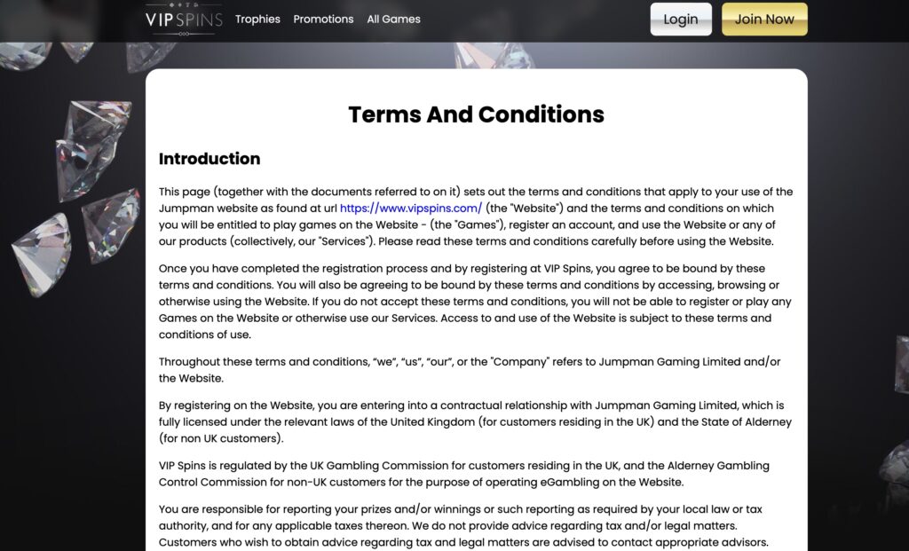 VIP Spins terms and conditions