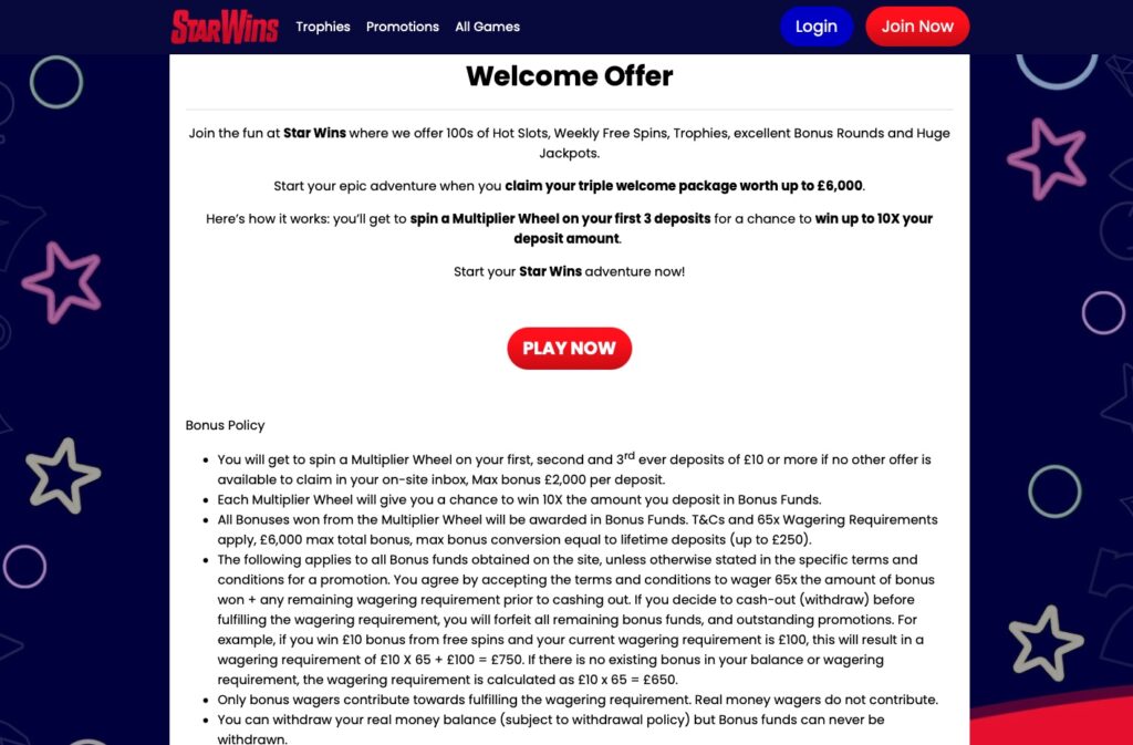 Star Wins casino bonus terms and conditions 