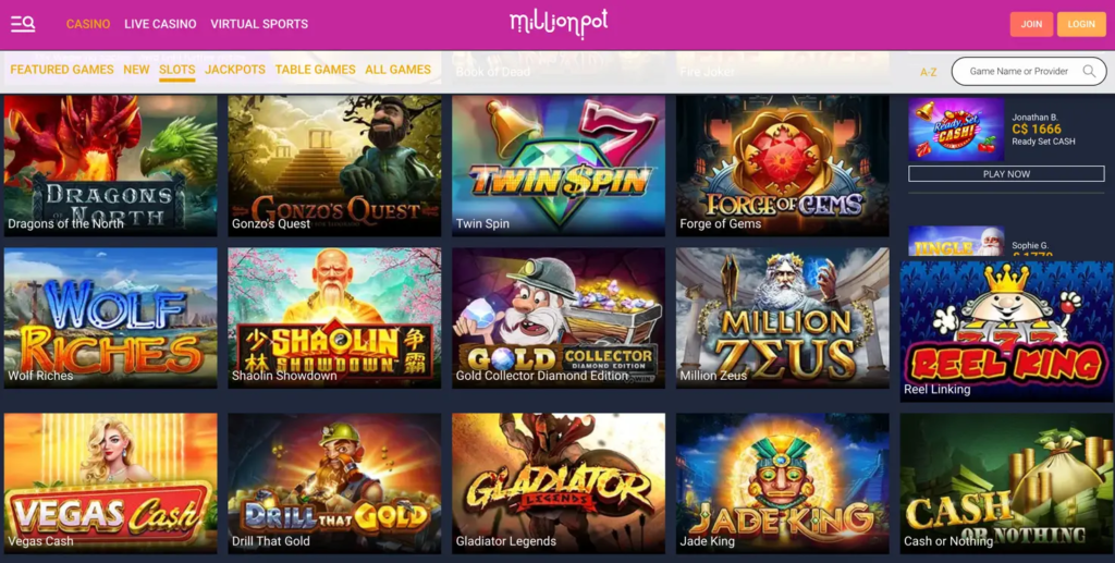 million pot game selections