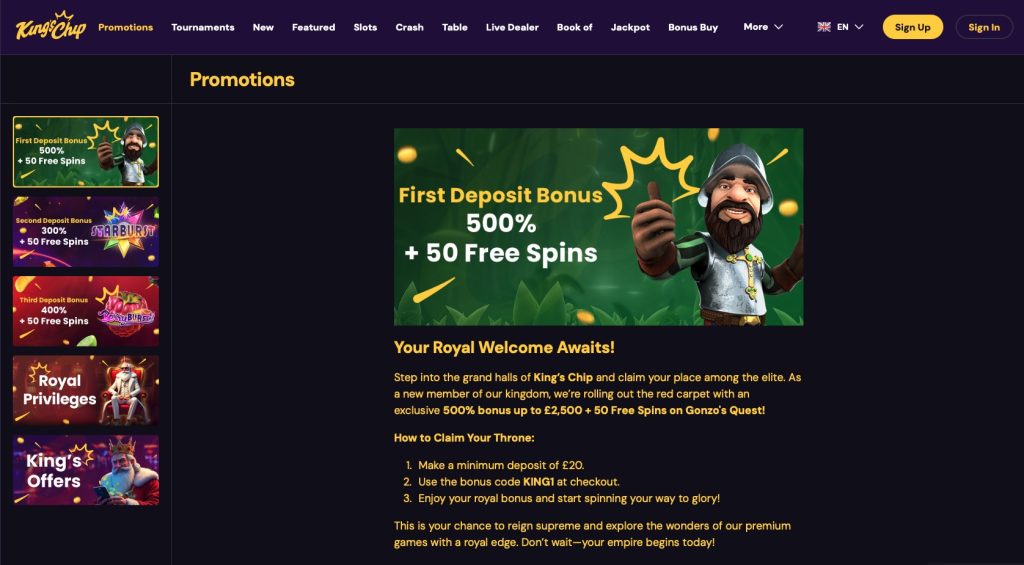 Kings Chip casino bonuses and promotions page