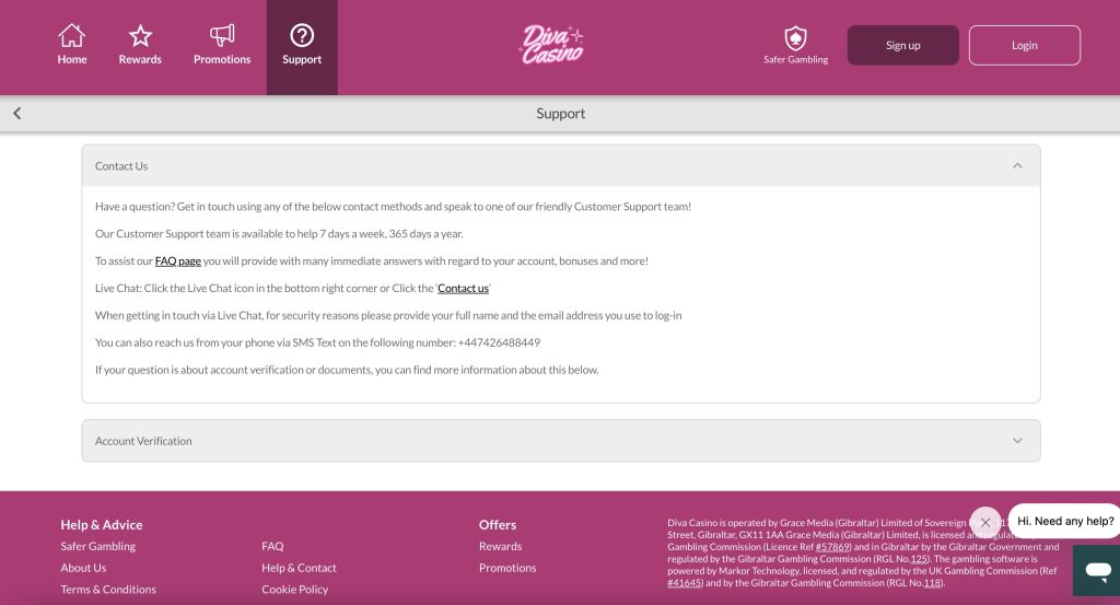 Diva Casino support options
