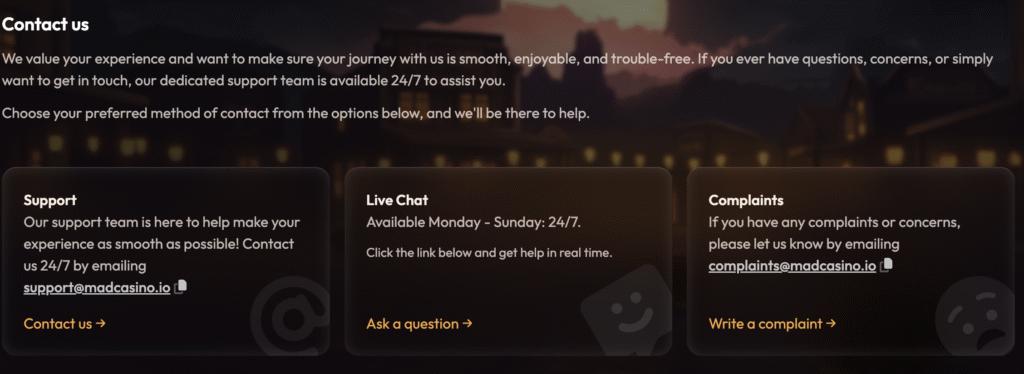 mad casino customer support information