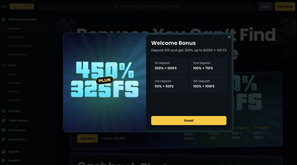 Snatch Casino Welcome Bonus.