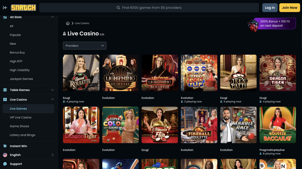 Snatch Casino Live Games.