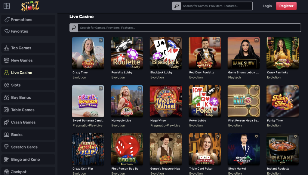 The Slotz live casino games.