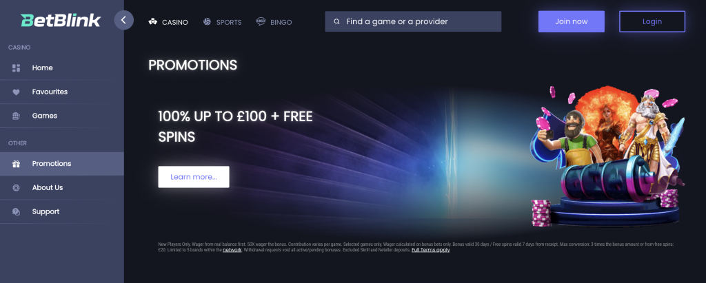 BetBlink Casino Welcome bonus.