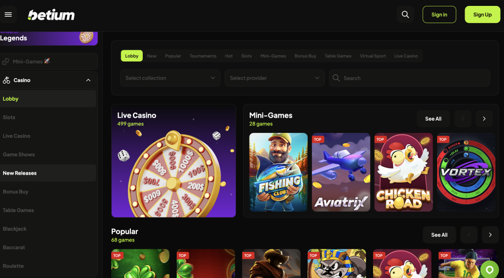 game options at betium casino