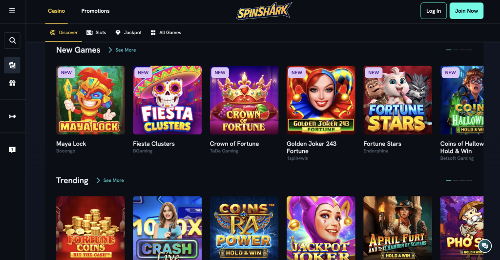 SpinShark Casino games selection