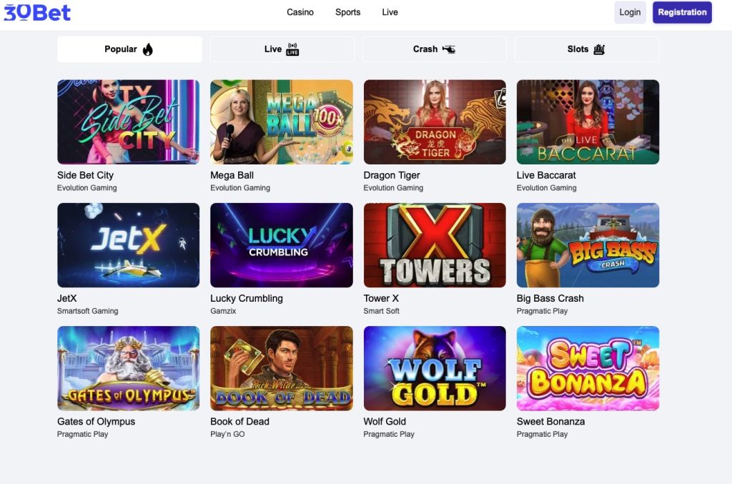 30Bet Casino gaming options 