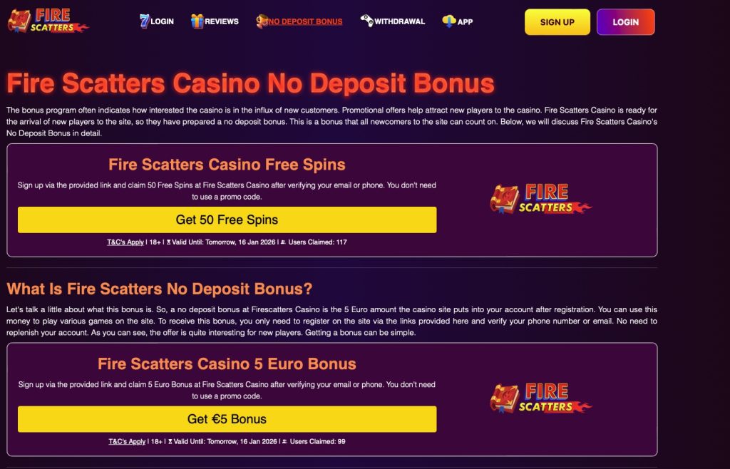 Fire Scatters No Deposit Bonus options
