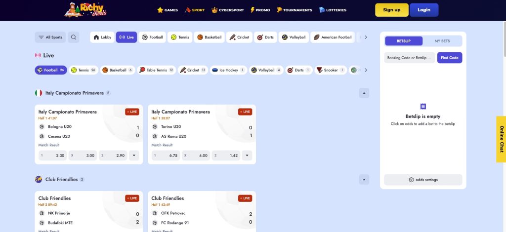 Richy Reels live in play section sports book