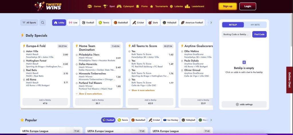 Twister Wins Sportsbook section with in play betting available