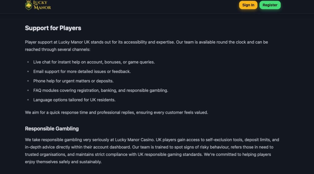 Lucky Manor Support for players 