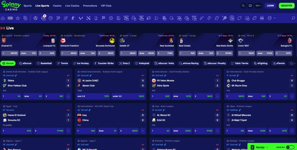 Spinny Casino In-play markets 