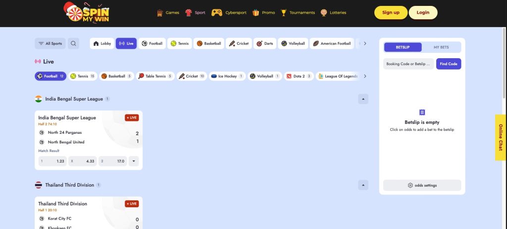 Spin My Win Live in play sports section