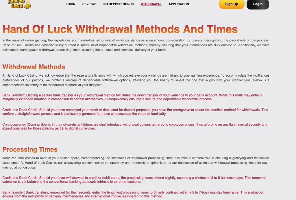 Hand of Luck Withdrawal information