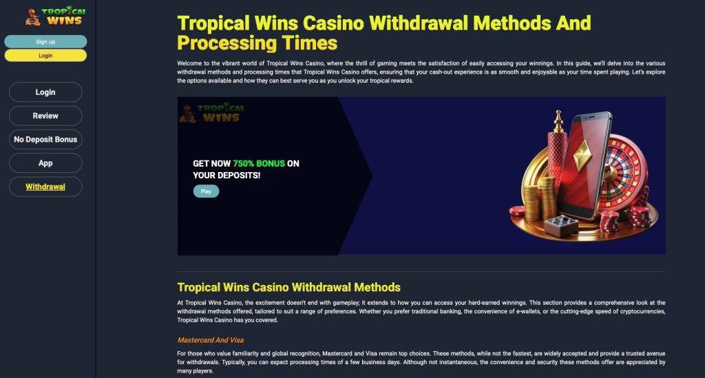 Tropical Wins Withdrawal Methods